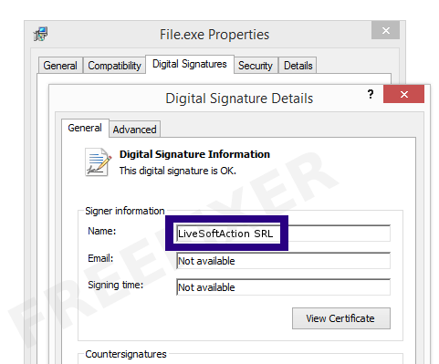 Screenshot of the LiveSoftAction SRL certificate